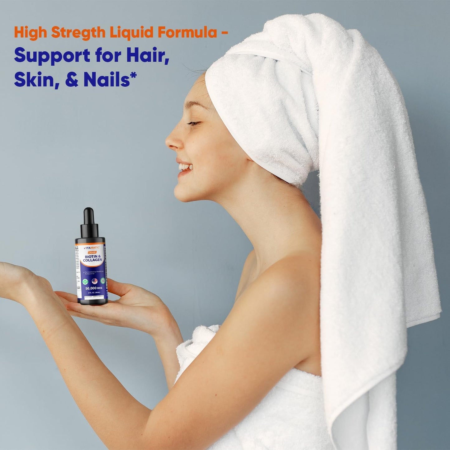 Vitamatic Liquid Biotin & Collagen Drops – 50,000 mcg – 2 fl oz Supports Healthy Hair Growth, Glowing Skin & Strong Nails – for Women and Men