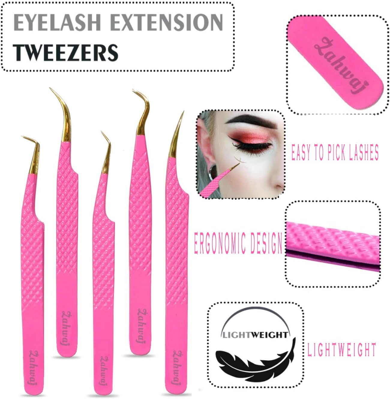 Lash Tweezers - Set of 5 Diamond Grip Eyelash Tweezers - Stainless Steel Professional Fiber Tip Lash Tweezer for Eyelash Extensions (Pink)