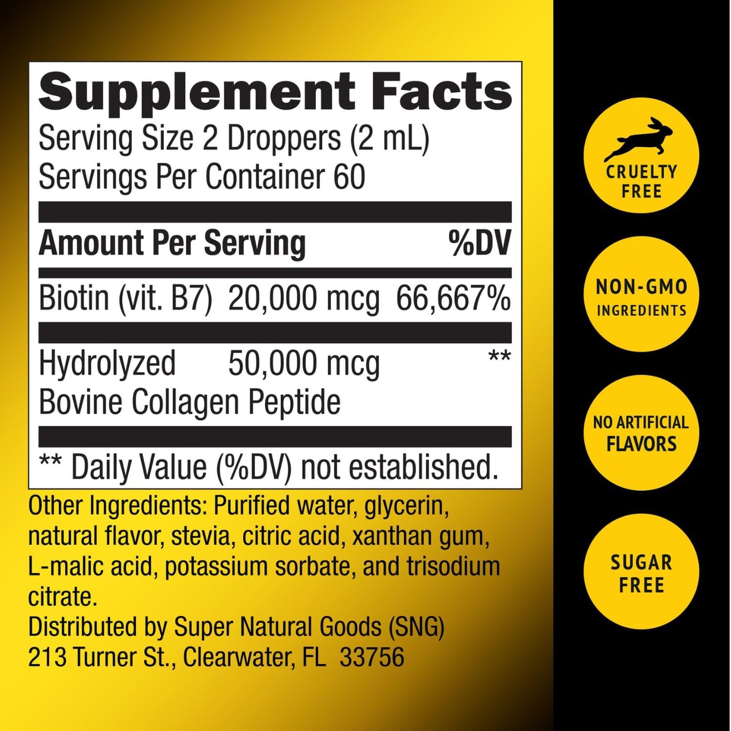 Super Natural Goods Liquid Biotin & Collagen 70,000mcg Hair Growth Vitamin Drops - Radiant Skin, Strong Nail Support - High Potency Hair Loss Supplement for Damaged Strands, for Men & Women (4oz)