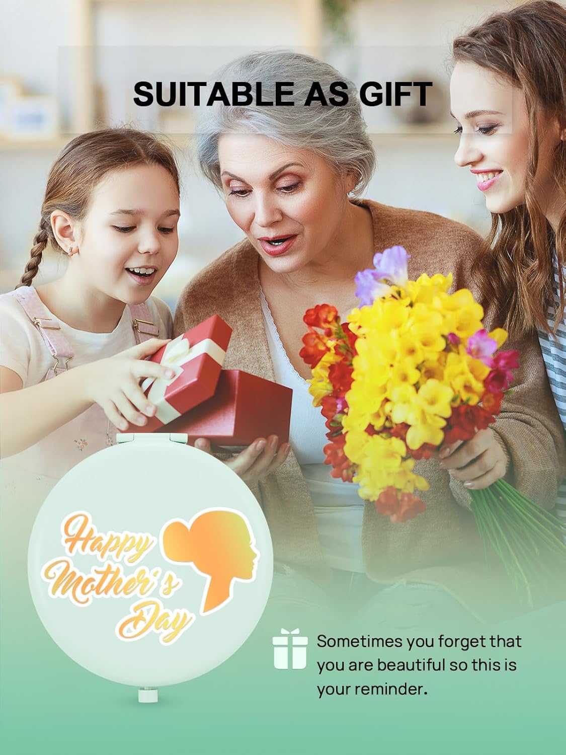 Compact Mirror for Purse, Double-Sided 1X/2X Magnifying Metal Pocket Makeup Mirrors(Round, Cyan)