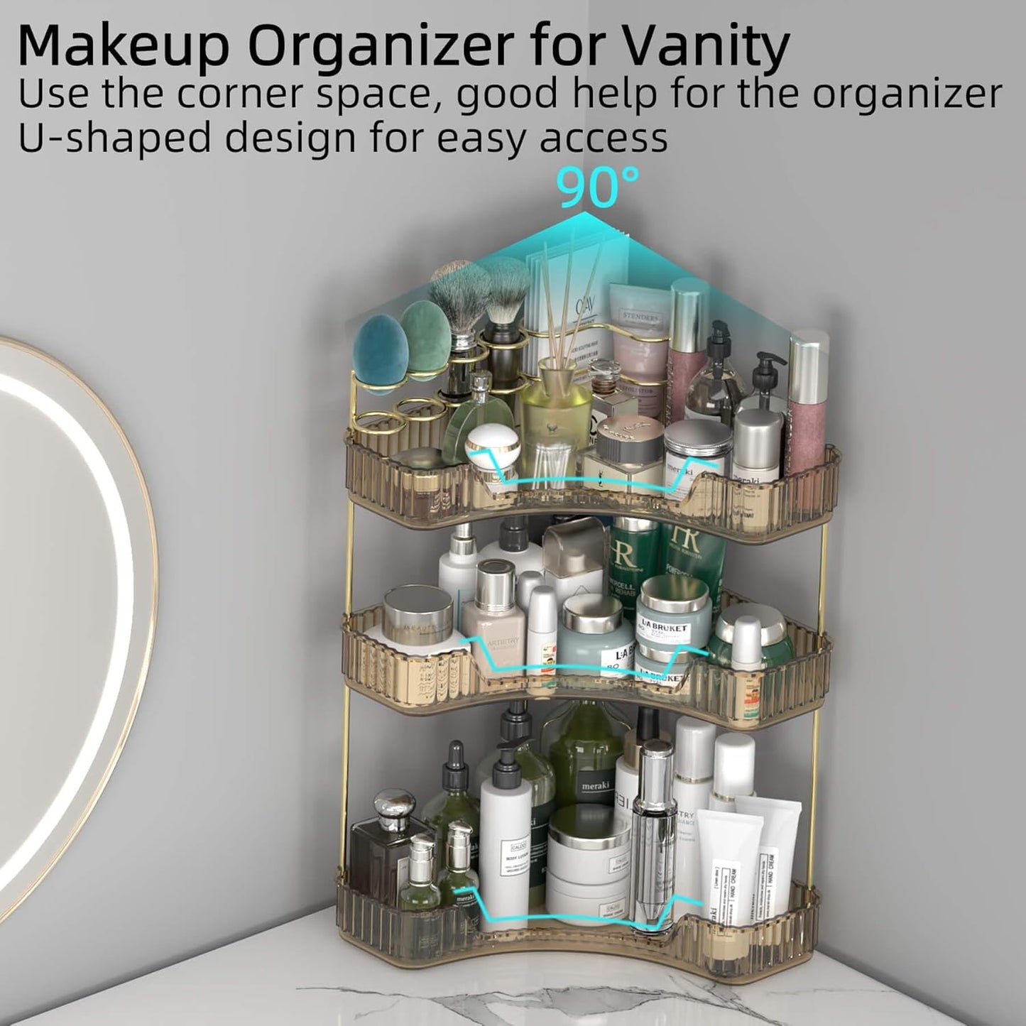 Corner Bathroom Counter Organizer with Top Toothbrush Holders, 3-Tier Make Up Organizers for Vanity with Brush Holder, Corner Storage for Bathroom, Kitchen, Dresser