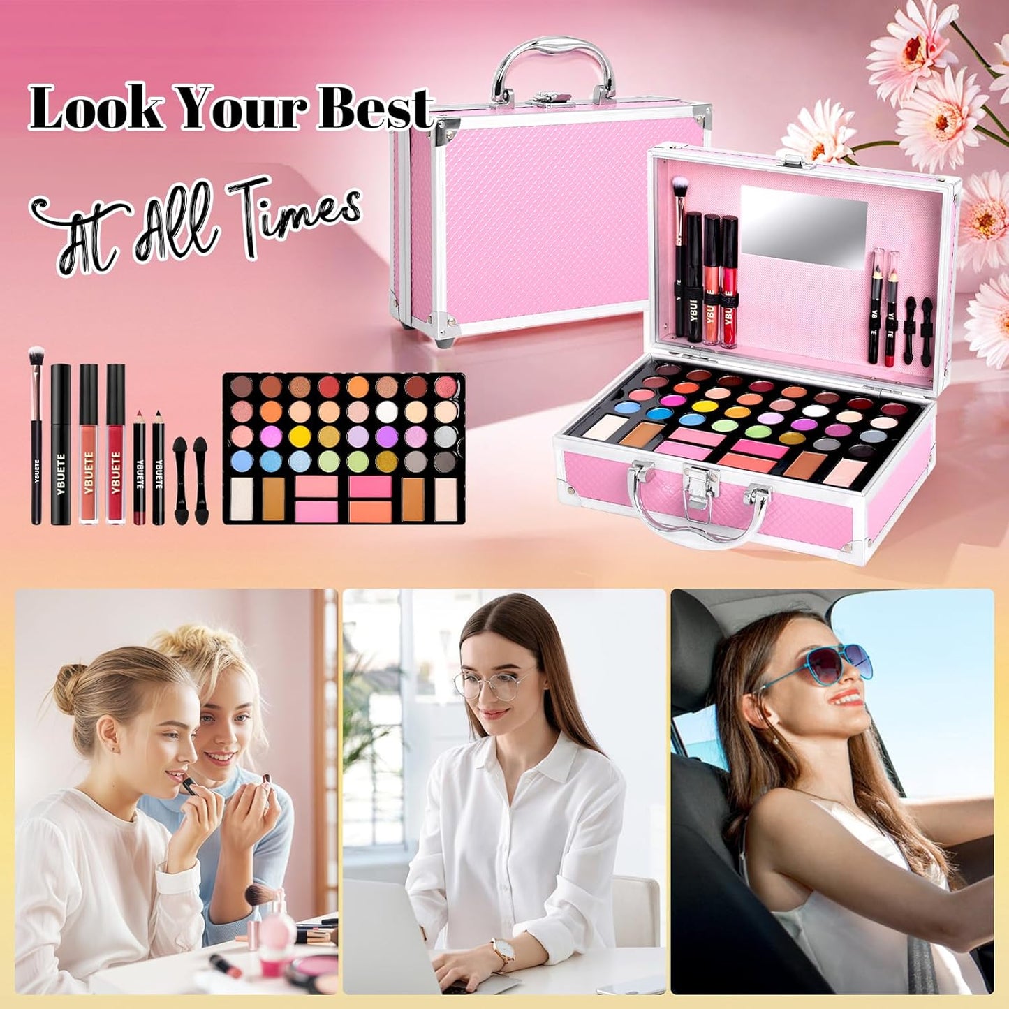Beginner Makeup Kit for Teen,Makeup Gift Set for Girl Women,Beginner Makeup Kit with Cosmetic Train Case Included 32 Colors Eyeshadow Blusher Contour Lip Gloss Lip Liner Mascara Eyeliner Mirror