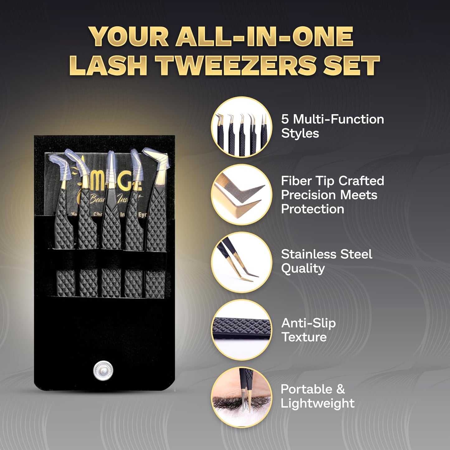 5 Pcs Fiber-Tip Japanese Steel Lash Tweezer Set with Leather Case, Professional Eyelash Tweezers for Lash Extensions – Titanium Coated, 90 & 45 Angled, Precision Pointed Tweezers (MATT BLACK)