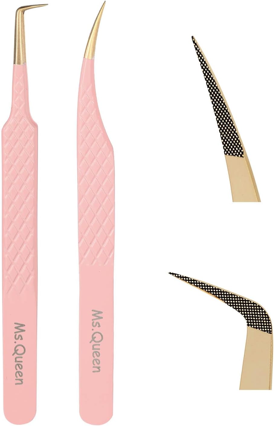 Ms.Queen Lash Tweezers for Eyelash Extensions,Precision 2Pcs Fiber Tip Grip 90 Degree Volume and Dolphin Isolation Lashing Tweezers Set