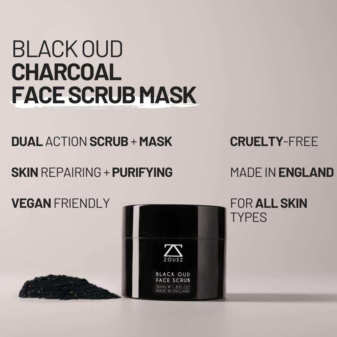 Black Oud Charcoal Men’s Face Scrub & Mask – Deep Cleansing Exfoliating Clay Face Wash with Activated Charcoal, Salicylic Acid & Hyaluronic Acid – Clears Pores & Revives Skin – 50ml