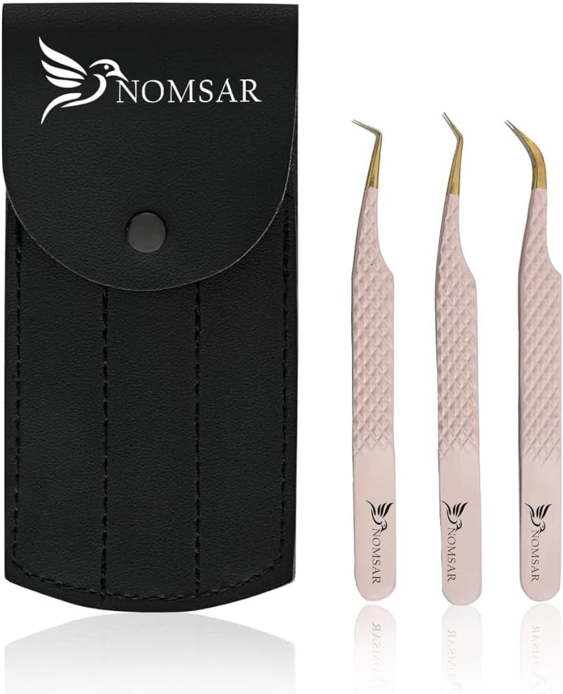 Eyelash Extensions Tweezers, Set of 3 - Stainless Steel with Diamond Grip for Volume lash Extension - Fiber Tip Tweezers for Multipurpose & Application (Peach)