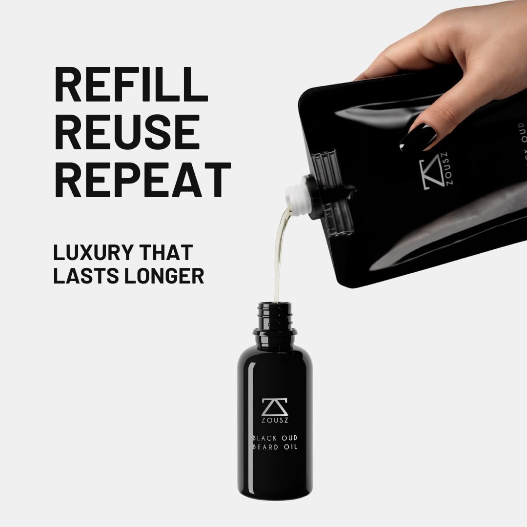Beard Oil for Men, 100mL Refill Pouch - Black Oud (Growth Enhancer), Beard Care Essential, Moisturiser/Softener, Non-Greasy After Shaving Oil, Paraben-Free