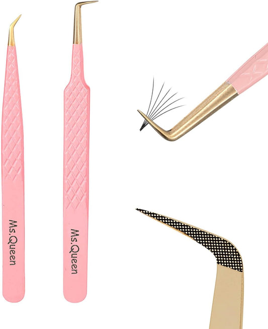 Ms.Queen Eyelash Extension Tweezers,2Pcs Fiber Tip 90 Degree Volume Tweezers and Isolation Lash Tweezers Set