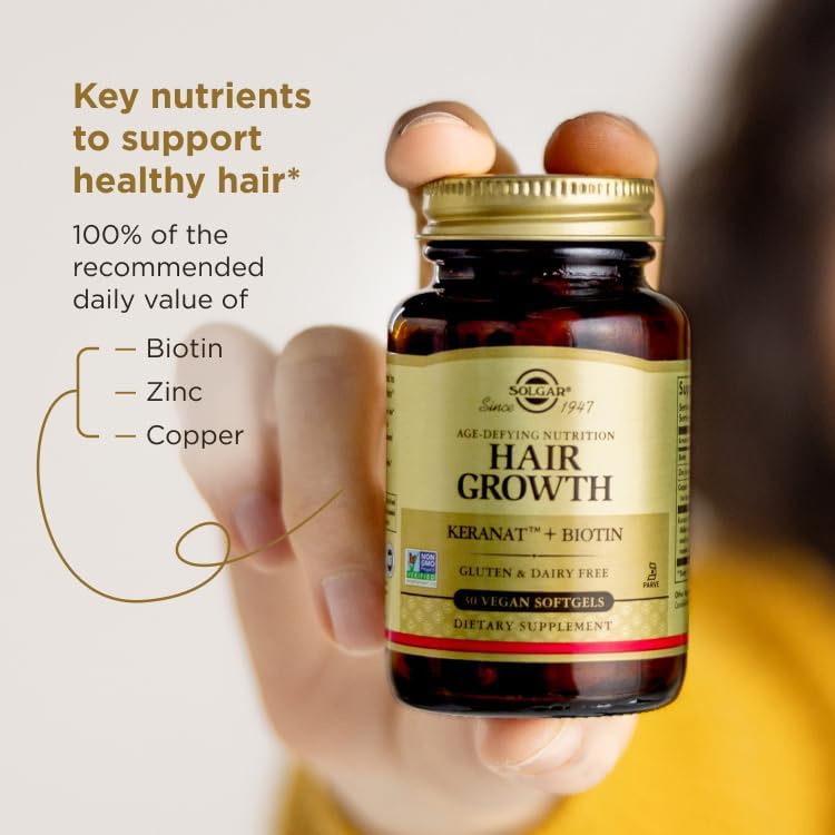 Solgar Hair Growth Supplement for Thicker Fuller Hair with Keranat Oil, Biotin, Zinc and Copper, Hair Health Supplement, Age-Defying Nutrition for Men and Women, 30 Servings