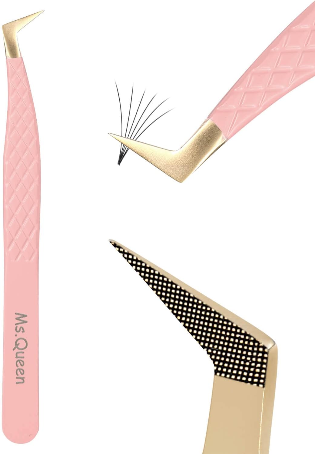 Ms.Queen Fiber Tip Lash Tweezers,Diamond Grip L-Shape Volume Boot Tweezers for Mega Volume Mink Lashes Make Fans