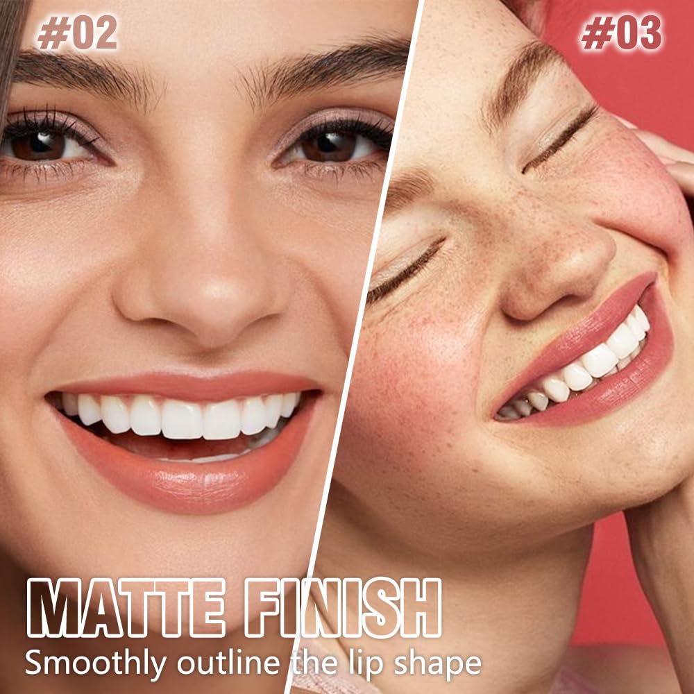 2Pcs Matte Lipstick Crayon Set for Women, Coral Pink Nude Pink 24 Hour Lipstick Lip Liner Pencil, Neutral Lip Stick Lipliner Long Lasting Waterproof Smudge Proof, Vegan & Cruelty-Free, 02+03