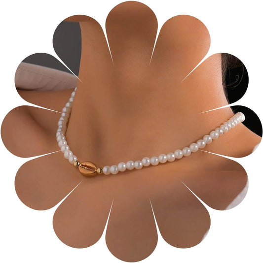 Boho Shell Pearl Necklace Choker Gold Dainty Pearl Strands Choker Necklaces Statement Seashell Surfer Necklaces Minimalist Baroque Pearl Necklace Chain Jewelry for Women