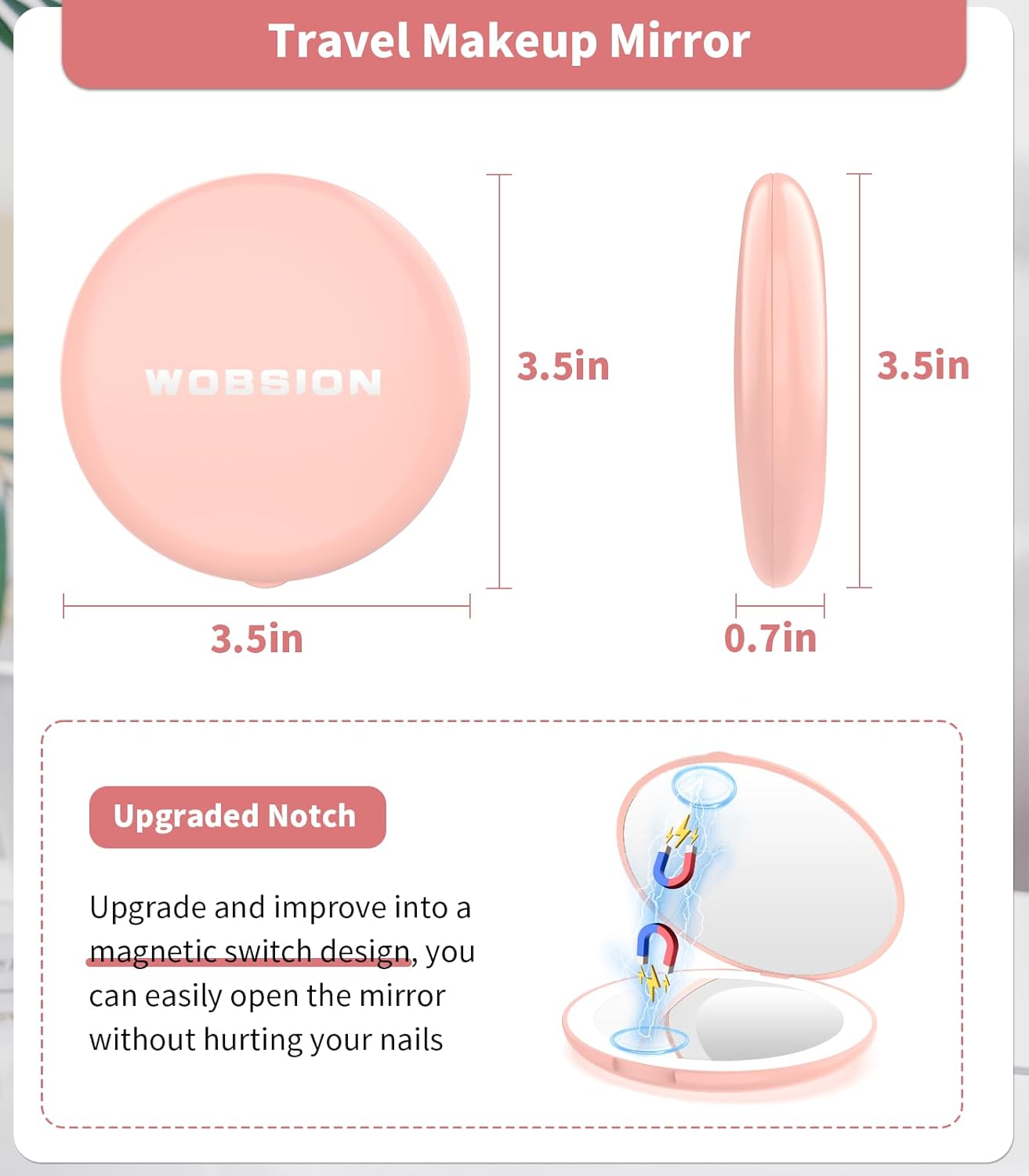 Wobsion Compact Travel Mirror - 1x/10x Magnification, Handheld 2-Sided, Perfect for Purses & Handbags