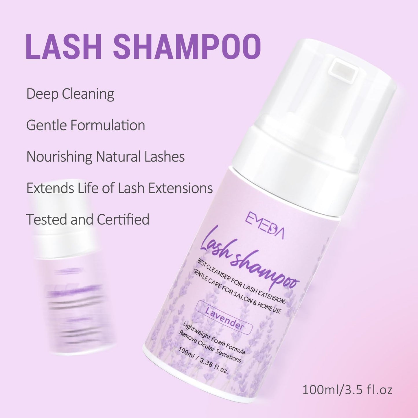EMEDA Lash Shampoo Kit - 3.38 fl.oz / 100ml Gentle Foam Lash Cleanser, Oil-Free Cleaning for Wash Extension/Natural Eyelash Bath with Rinse Bottle Brush (Lavender)