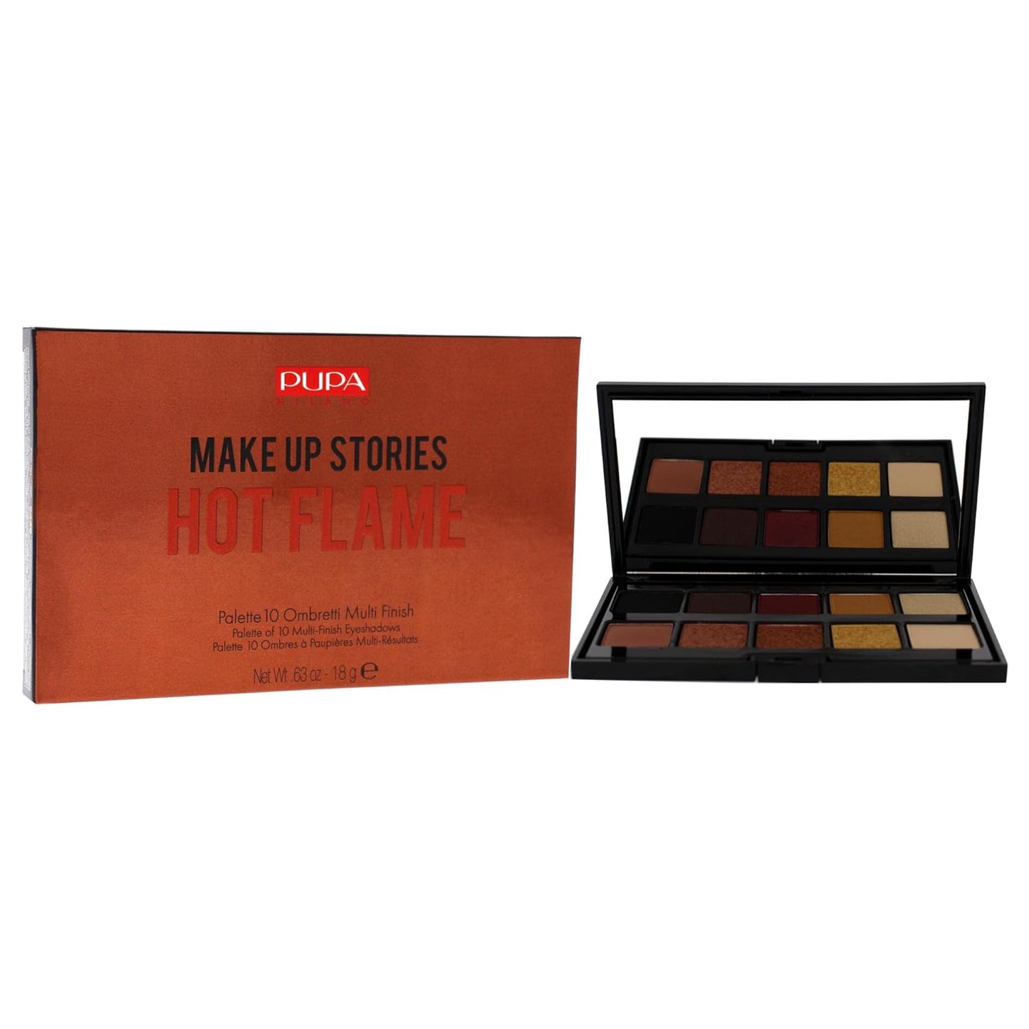 Pupa Milano Make Up Stories Eyeshadow Palette 002 Hot Flame - 10-Shade Shadow Collection with Matte, Satin, and Metallic Color Options - High Pigment Formula - Soft, Blendable Texture - 0.63 oz