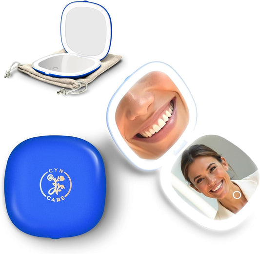 LED Compact Mirror – 1x & 10x Magnification | Travel Makeup Mirror with Adjustable Lighting | Handheld & Pocket-Sized Portable Mirror with Protective Pouch (Blue)