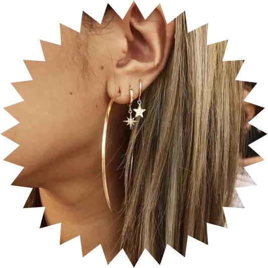 Vintage Exaggerated Circle Dangle Earrings Crystal Star Hoop Earrings Gold Hollow Large Hoop Earrings Circle Star Drop Earrings Jewelry for Women