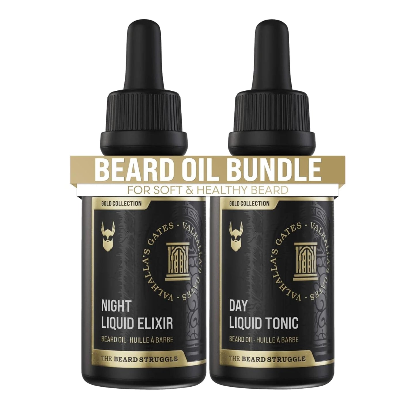 The Beard Struggle Tonic + Elixir Beard Oil Bundle - Gold Collection - Grooming Beard Oil - Softens, Moisturizers, and Strengthens Beard Growth - Pack of 2, Valhalla's Gates