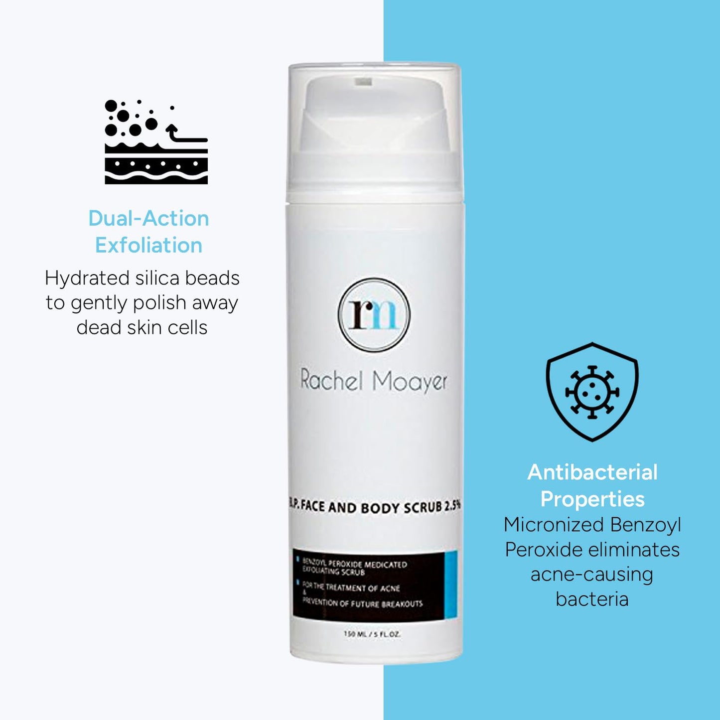 Rachel Moayer Skincare Acne Face & Body Scrub with 2.5% Micronized Benzoyl Peroxide, Facial Exfoliating Scrub for Acne Care, No Prescription Needed