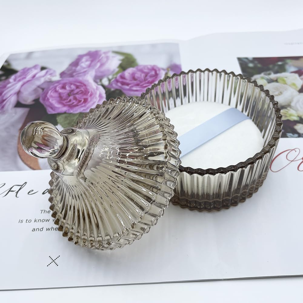 Ultra Soft Powder Puff and Container 3.3" High Density Velvet Dusting Washable Reusable Powder Puff,Body Powder Puff and Glass Jar Holder Loose Powder Box with Puff for Face Makeup(Tawny)