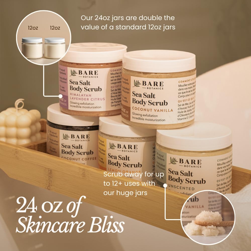 Bare Botanics Coconut Vanilla Body Scrub 24oz | Made in Madison, WI | All Natural Sea Salt Exfoliator w/ Skin Loving Moisturizers | Vegan & Cruelty Free | Gift Ready Packaging w/ a Cute Wooden Spoon