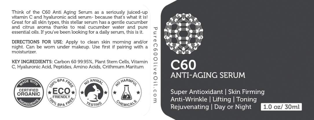 C60 Anti-Aging Face Serum 30ml with Hyaluronic Acid, Plant Stem Cells, Peptides, Vitamins B + C & Anti Aging Wrinkle Complexes for Men & Women Made with Organic Ingredients