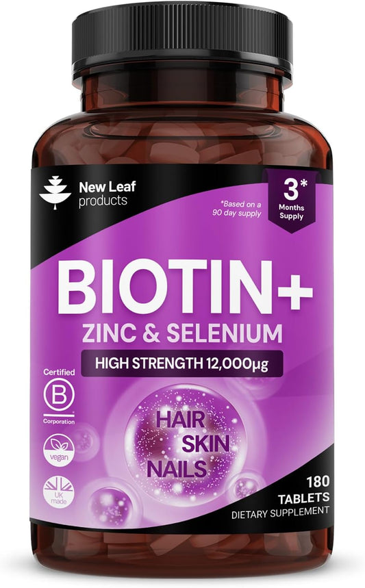 Biotin Hair Growth Vitamins 12000mcg High Strength with Coconut Oil - Promotes Healthy Hair Skin & Nails - Biotin Vitamins for Women& Men Vegan, Gluten Free Supplements - Made in The UK by New Leaf