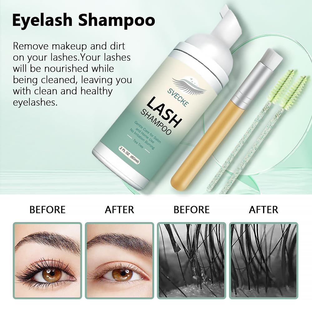 Lash Shampoo Kit Eyelash Extension Cleanser, Eyelash Shampoo for Lash Extensions, Lash Cleaner Eyelid Foam Cleaning Kit for Salon Home Use (Tea Tree)