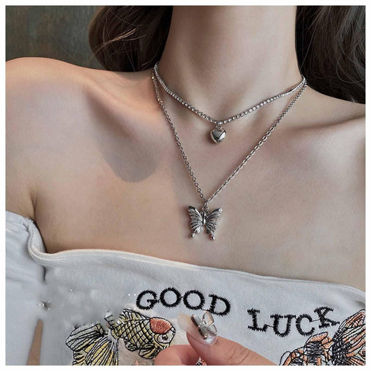 Punk Layered Butterfly Choker Necklace Rhinestone Tennis Chain Necklace Silver Puffy Heart Pendant Necklace Choker Boho Crystal Clavicle Necklace Jewelry for Women and Girls 2 Pcs