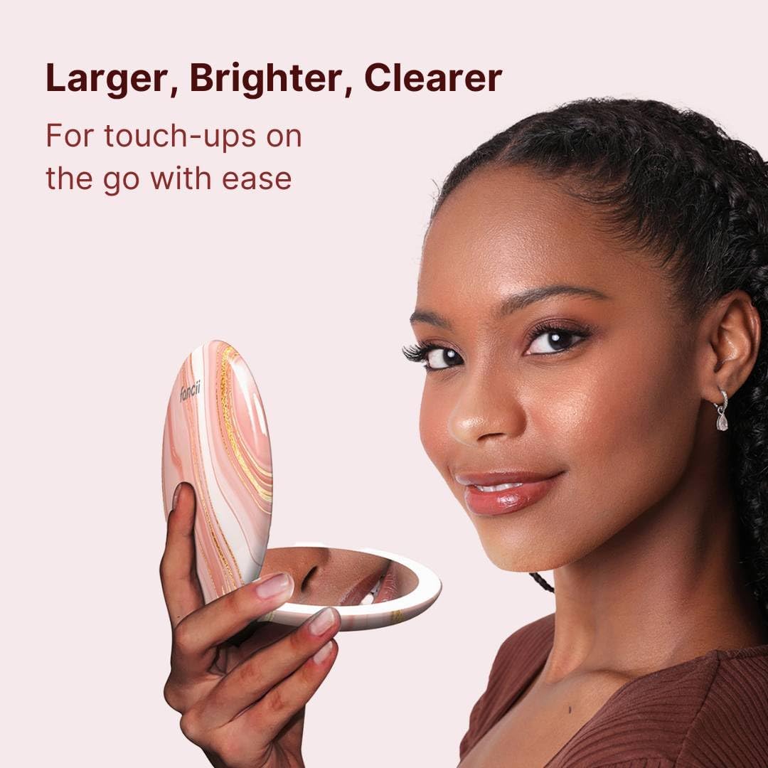 Fancii Taylor LED Lighted Travel Makeup Mirror, Rechargeable, 10x /1x Magnifying, Tru-Glow Lighting System, XL Large 5” Wide | Compact Mirror for Purses (Marble Rose)