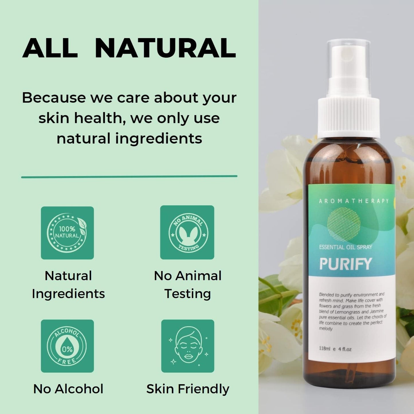 Benatu Jasmine Lemongrass Essential Oil Blend Spray for Body and Hair, Multi-Use Natural Scent Aromatherapy Room Mist for Pillow, Linen, Bedding, Fabric, Car 4 fl oz