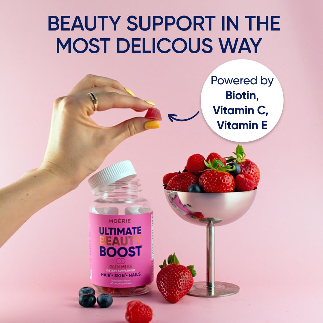 Moerie Hair Skin and Nails Gummies for Women & Men - Biotin for Hair Loss, Gummy Vitamins & Growth Dietary Supplements - Sugarbear for Thicker Hair - Allergen Free - 180 per Serving - Balanced Diet