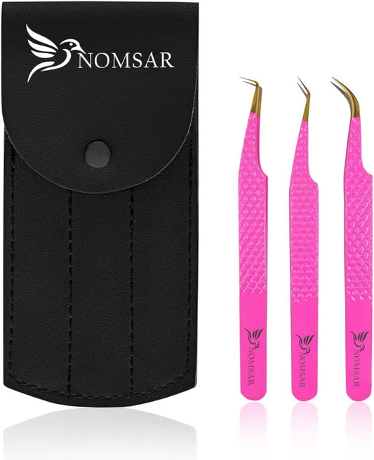 Eyelash Extension Tweezers – Precision Lash Isolation & Volume Tweezers | Stainless Steel, Anti-Static, Curved Tip for Professional Eyelash Extensions, Set of 3 (Pink)