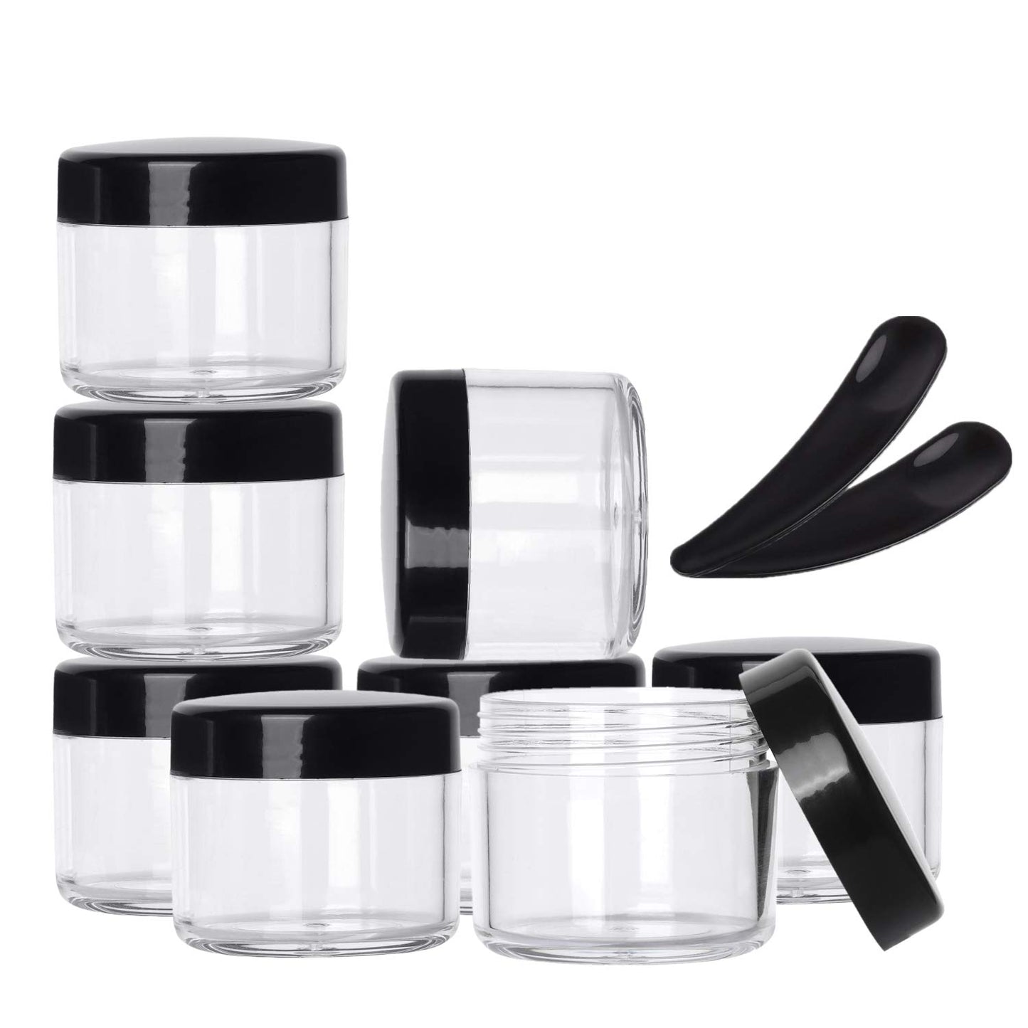 Refillable Cosmetic Sample Jars - 100 Pack 20g (0.7oz) Black Small Travel Containers with Lids + 10 Mini Makeup Spatulas - BPA Free