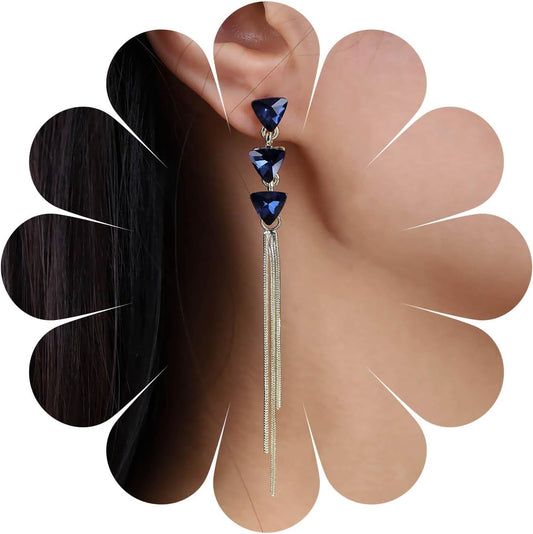 Vintage Sapphire Dangle Earrings Long Blue Crystal Chain Earrings Sapphire Tassel Drop Earrings Gold Sleek Metal Chain Earrings Jewelry for Women