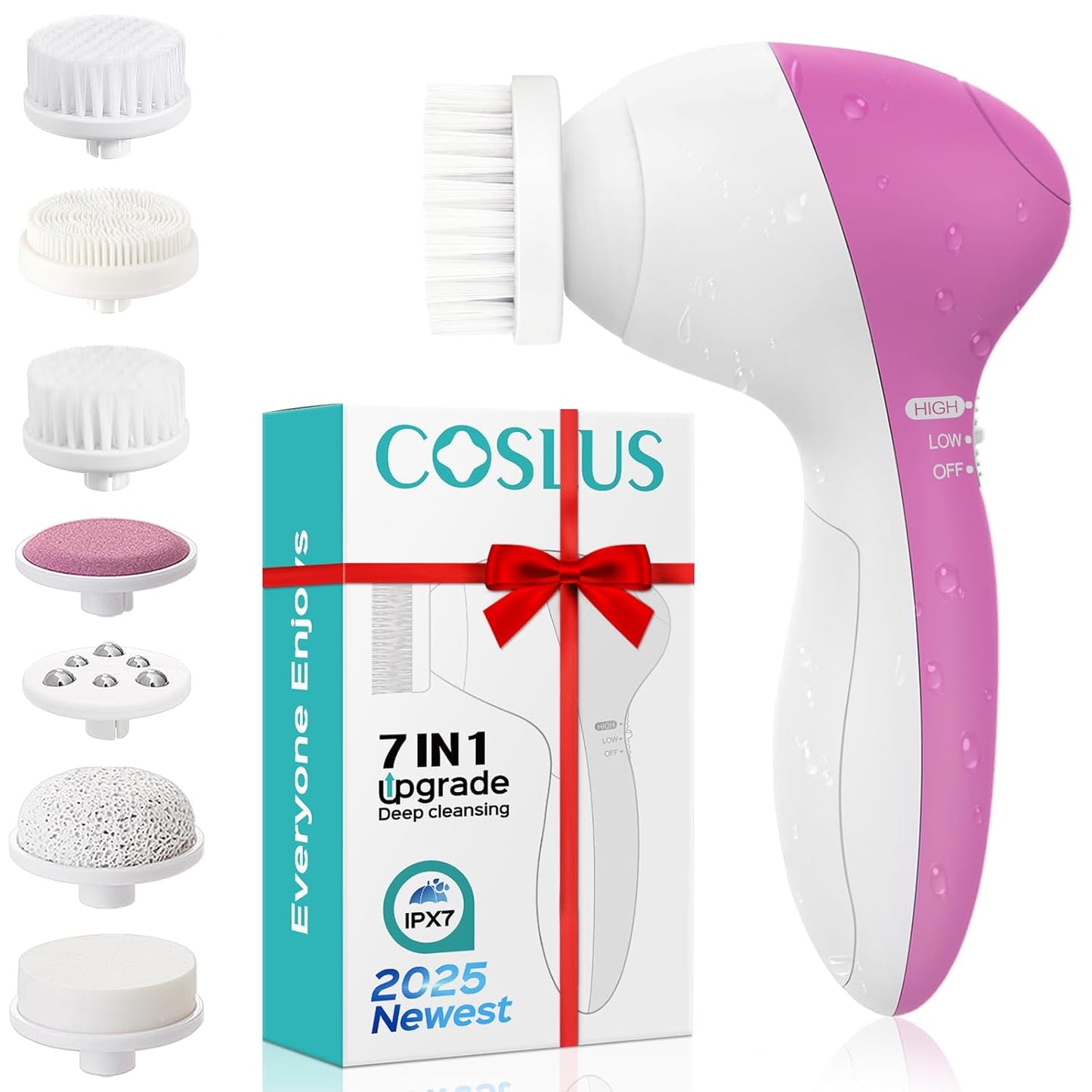 COSLUS Facial Cleansing Brush Silicone Face Scrubber: 7 in 1 FBS-D Electric Exfoliating Rotating Massage Device Waterproof Deep Cleaning Exfoliation Spa Machine - Electronic Skin Care Wash System