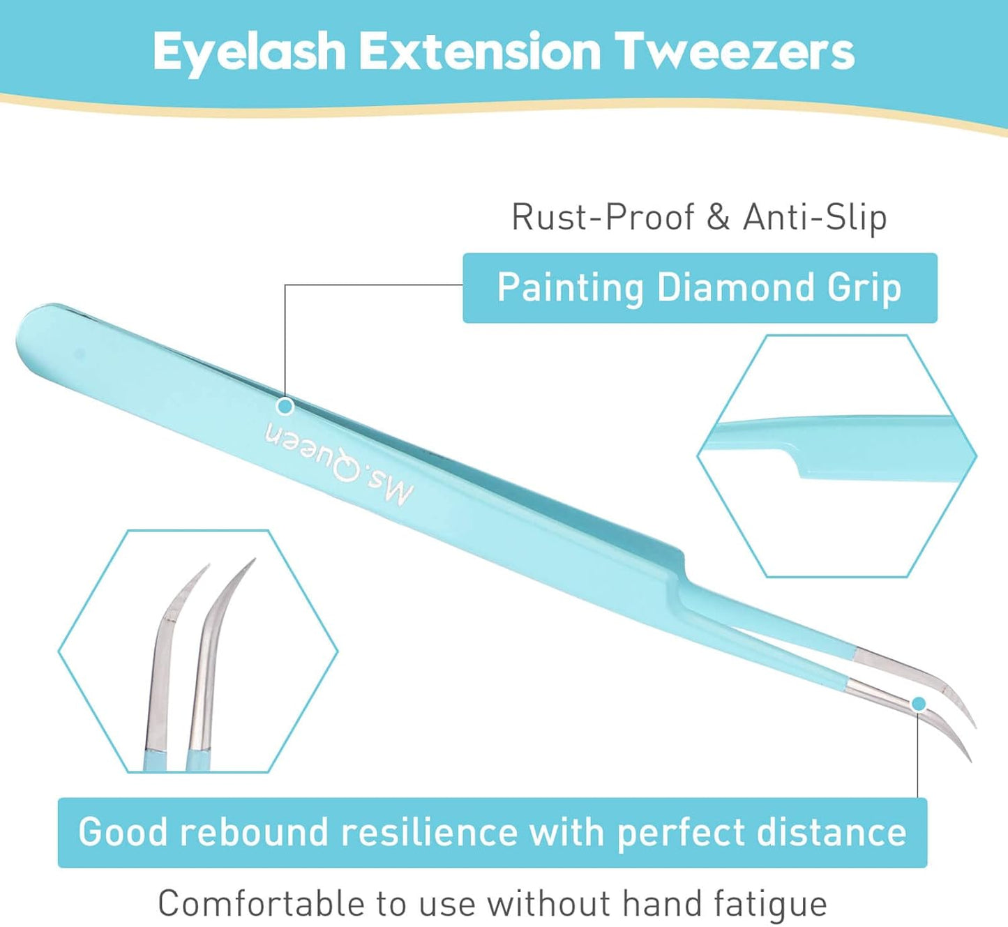 Ms.Queen Lash Tweezers for Eyelash Extensions,Professional 5Pcs Fiber Tip Curved Isolation 45 90 Degree Boot Volume Lash Tweezers for Extensions, Blue