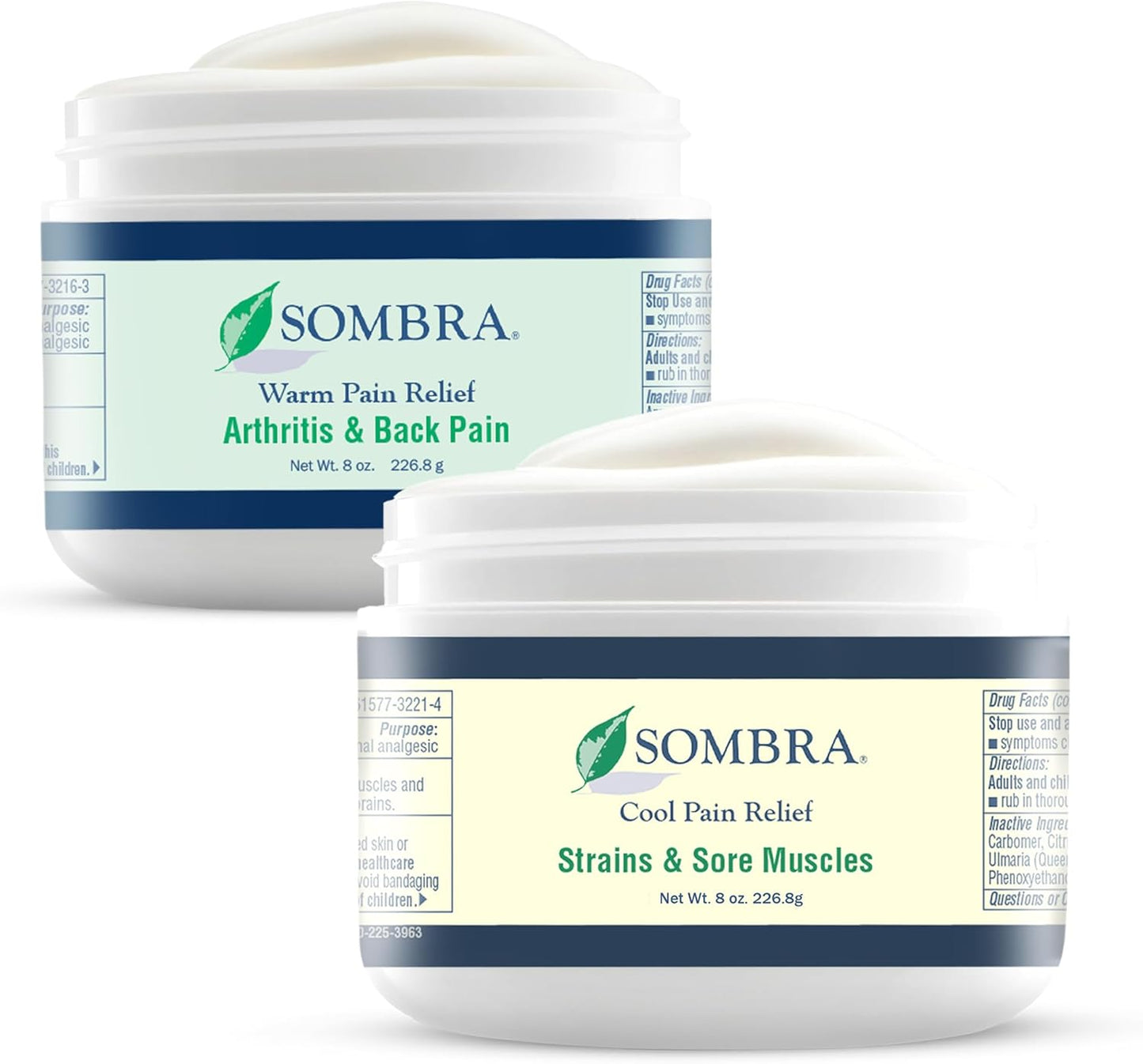 Sombra Warm & Cool Pain Relief Gel, Warm Relief for Arthritis and Chronic Pain Pre-Workout Muscle Rub, Cold for Swelling, Soreness, Post-Workout, Free of Artificial Fragrances, 8oz Per Jar