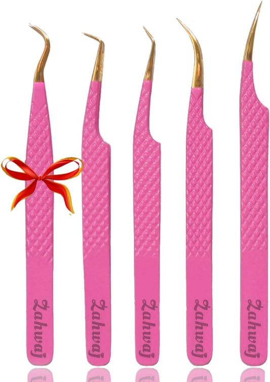 Lash Tweezers - Set of 5 Diamond Grip Eyelash Tweezers - Stainless Steel Professional Fiber Tip Lash Tweezer for Eyelash Extensions (Pink)