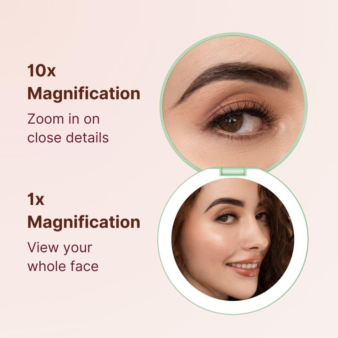 Fancii Taylor LED Lighted Compact Makeup Mirror, Rechargeable, 10x /1x Magnifying, 3 Light Settings, XL Large 5” Wide | Travel Mirror for Purses (Mint Green)