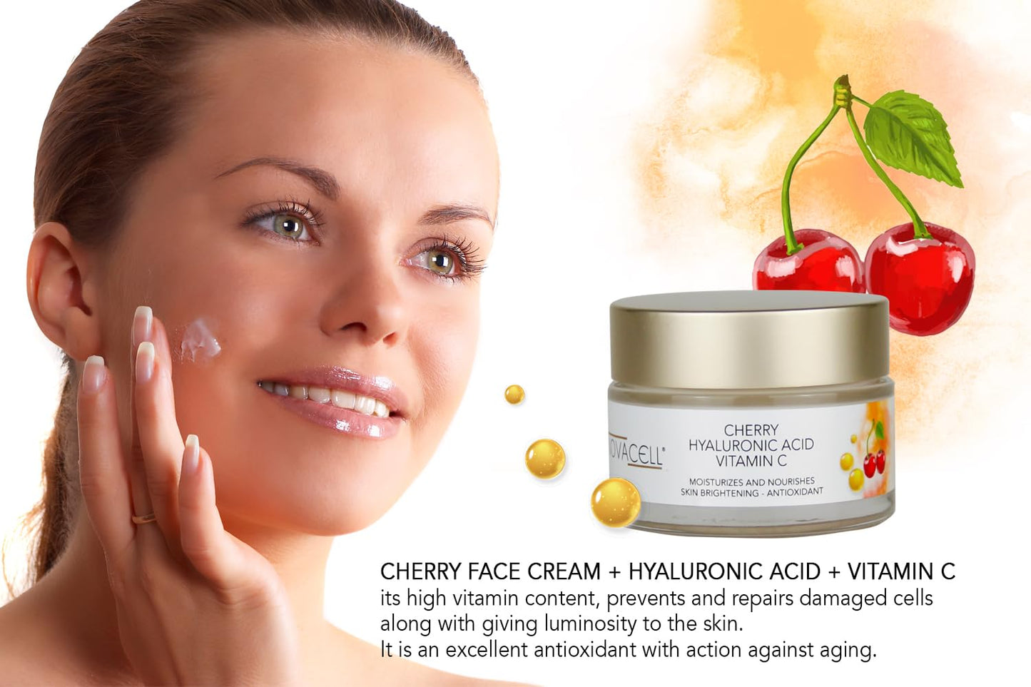 Cherry Face Mositurizer Cream with Hyaluronic Acid & Vitamin C - Nourishing, Youth Preserving, Fills Expression Lines & Wrinkles - 50 ml