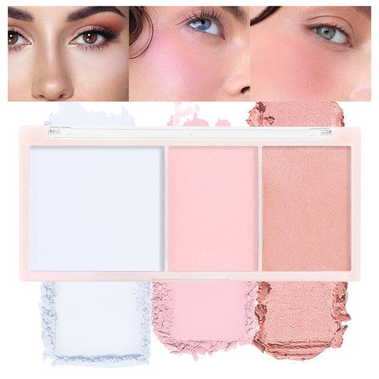 3 IN 1 Brown Nude Face Highlight Bronzer Powder Palette for Face Cheeks Contour Brightening, Buildable Matte Coverage Natural Makeup,Ultra Sculpt Nose Shadow Eyeshadow Primer-Nude