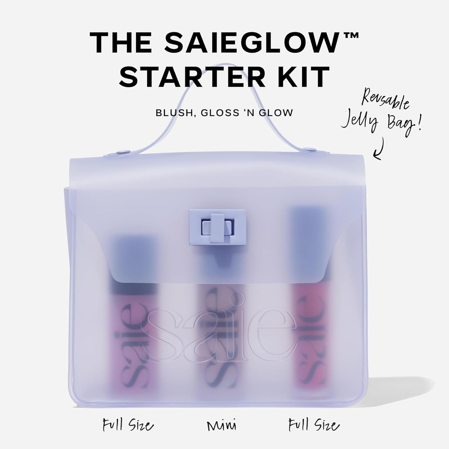 Saie SaieGlow Starter Makeup Kit - Glowy Super Gel, Dew Blush, and Glossybounce Lip Gloss - Essential Makeup Set in a Mini Reusable Jelly Travel Bag (3 Count)