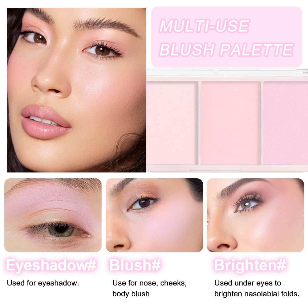 3 IN 1 Brown Nude Face Highlight Bronzer Powder Palette for Face Cheeks Contour Brightening, Buildable Matte Coverage Natural Makeup,Ultra Sculpt Nose Shadow Eyeshadow Primer-Pink
