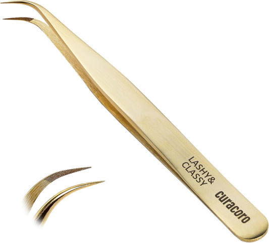 Curacoro Lash Tweezer - Professional & Precision Fiber Tip Grip Lash Tweezers for Eyelash Extensions, Multi Shapes & Purposes Tweezers for Volume, Isolation & Classic Lashes (Gold, Lashy and Classy)