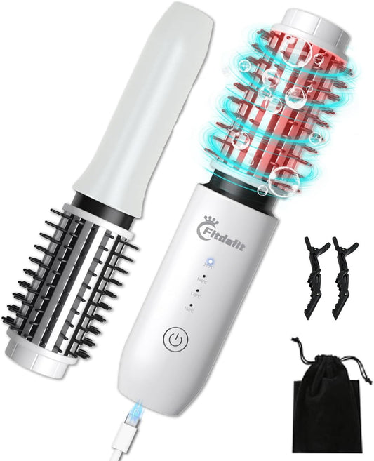 Cordless Hair Curling Iron Brush, 1.5" Mini Cordless Hair Curler, 3-in-1 Travel Curling Brush Hair Straightener Comb Rechargeable, Long Battery Portable Ionic Heated Tool, White