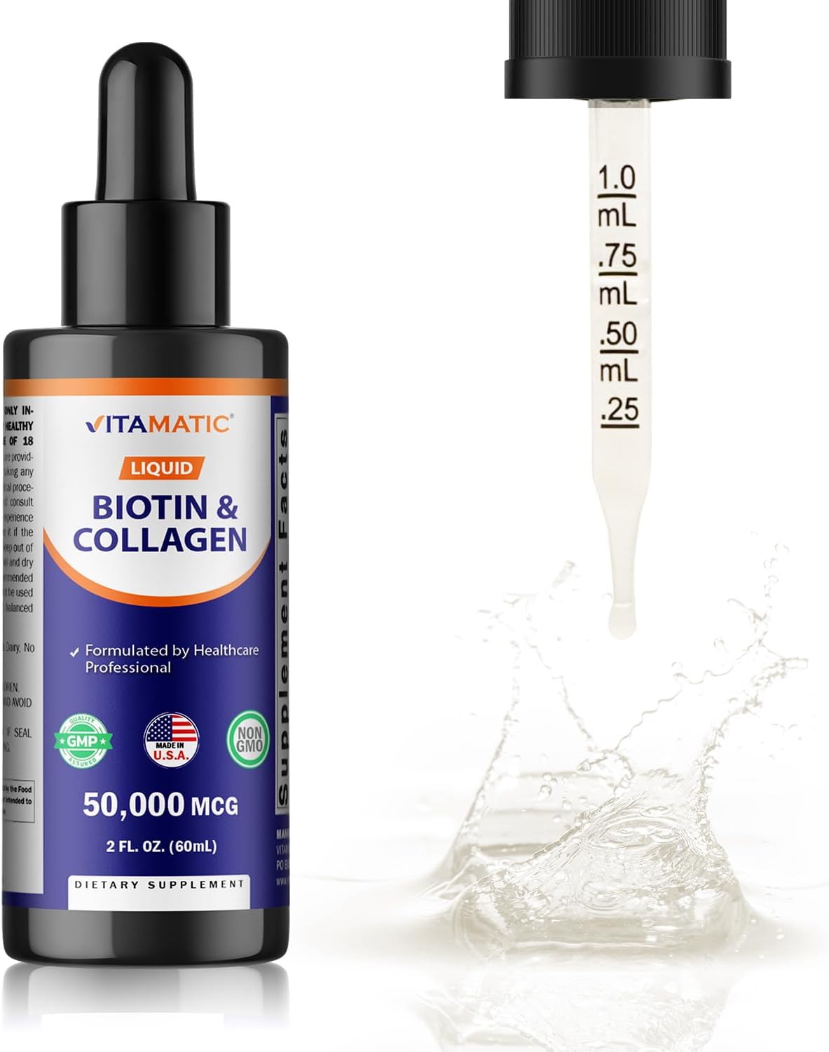 Vitamatic Liquid Biotin & Collagen Drops – 50,000 mcg – 2 fl oz Supports Healthy Hair Growth, Glowing Skin & Strong Nails – for Women and Men