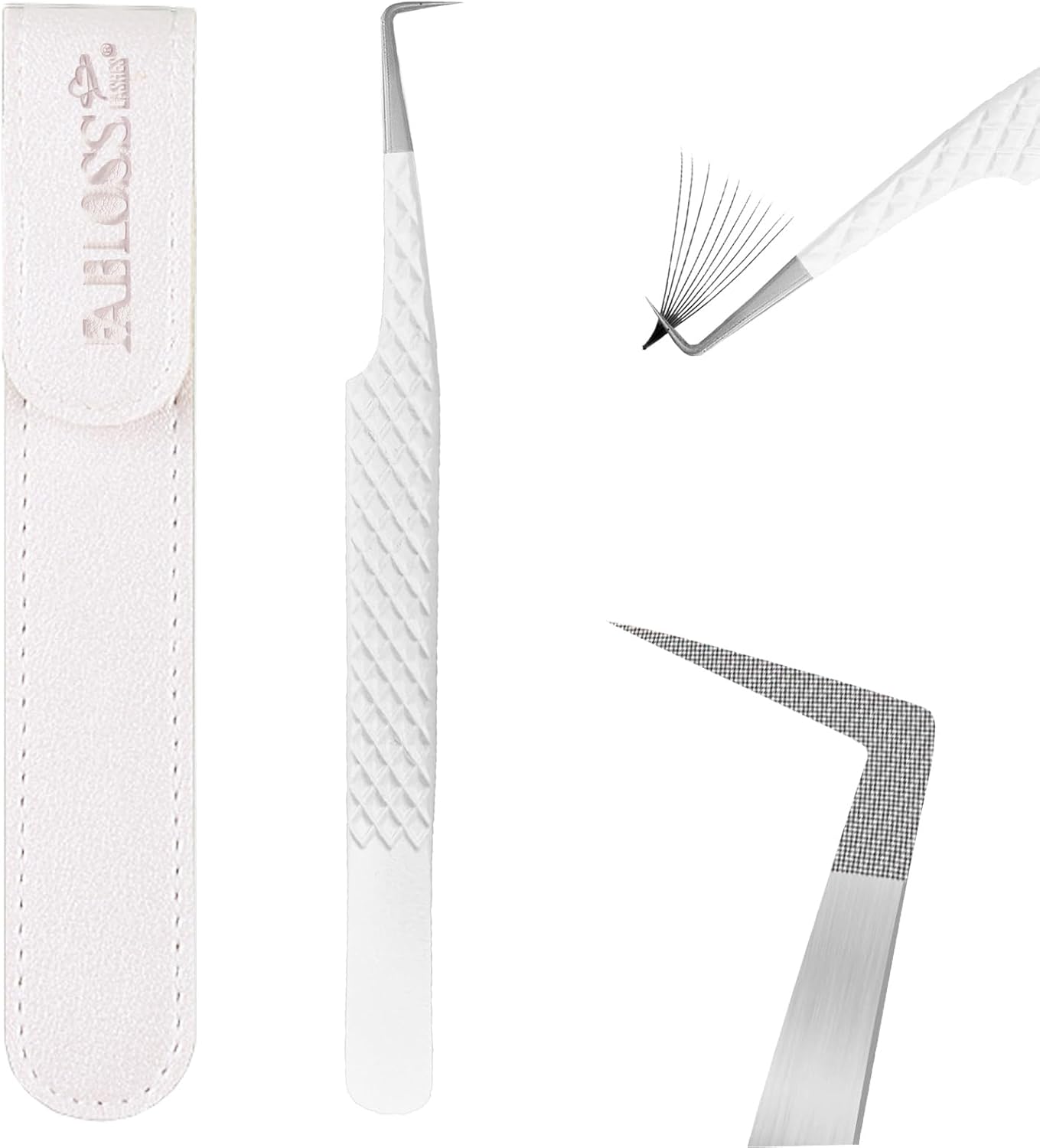 Lash Tweezers For Eyelash Extensions Fiber Tip Lash Tweezers For Women Precision Tweezers Professional Craft Tweezers, Fiber Tip Japanese Steel (White-90 Degree)