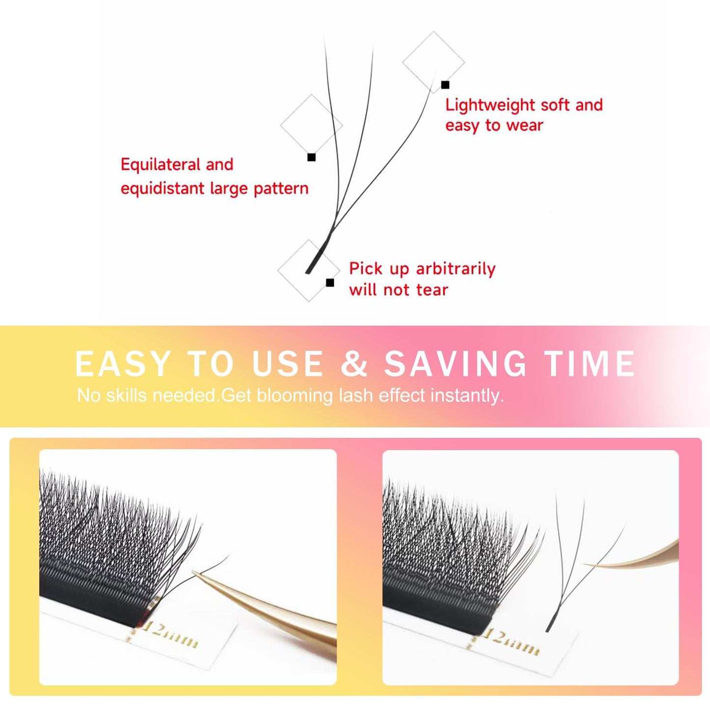 W Lash Extensions Supplies 3D Eyelash Extensions W Shape 0.07mm Thickness C Curl 13mm Premade Fans Easy Fan Lashes Volume Matte Black 12 Rows Crisscross Eye Lashes(W-3D-0.07-C,13mm)