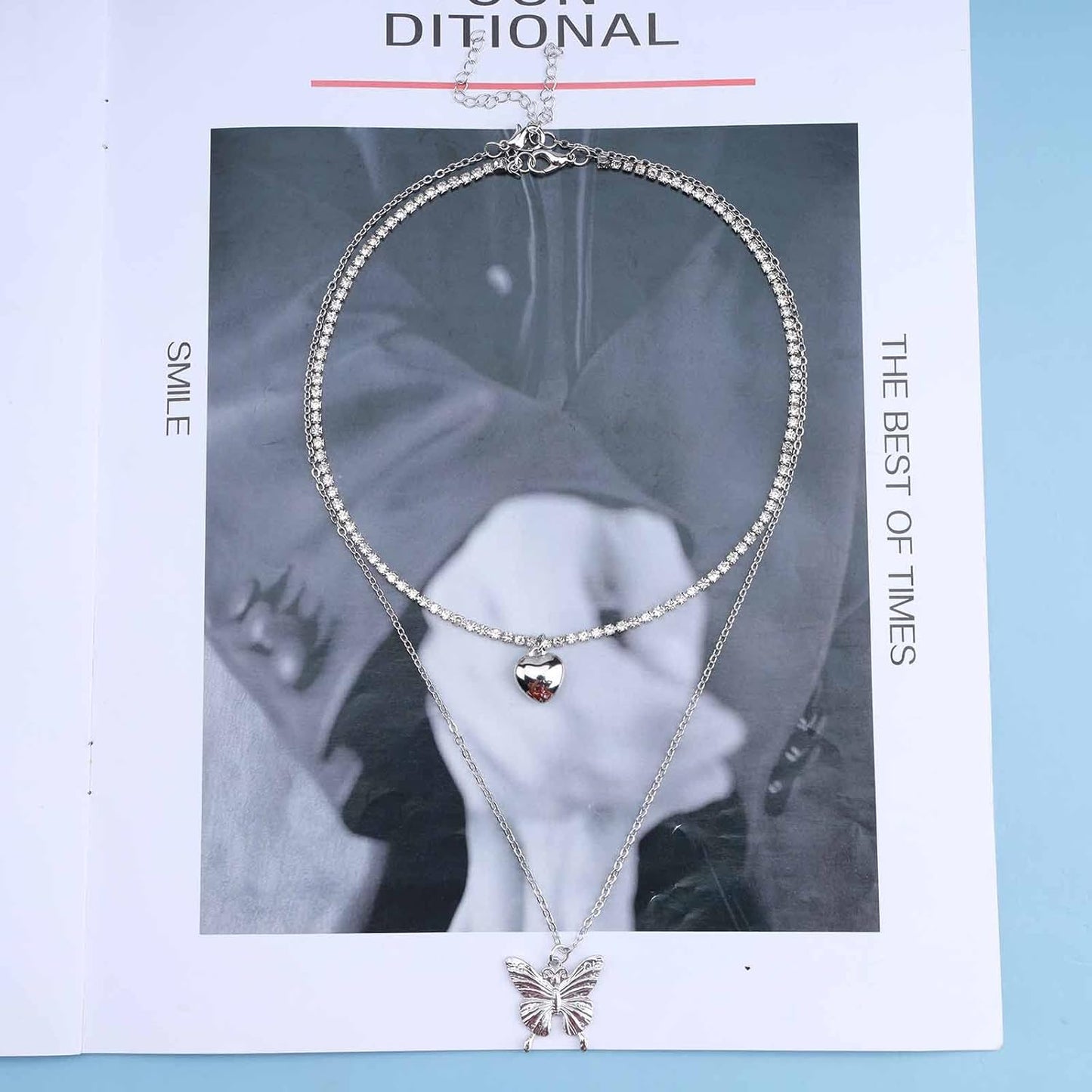 Punk Layered Butterfly Choker Necklace Rhinestone Tennis Chain Necklace Silver Puffy Heart Pendant Necklace Choker Boho Crystal Clavicle Necklace Jewelry for Women and Girls 2 Pcs